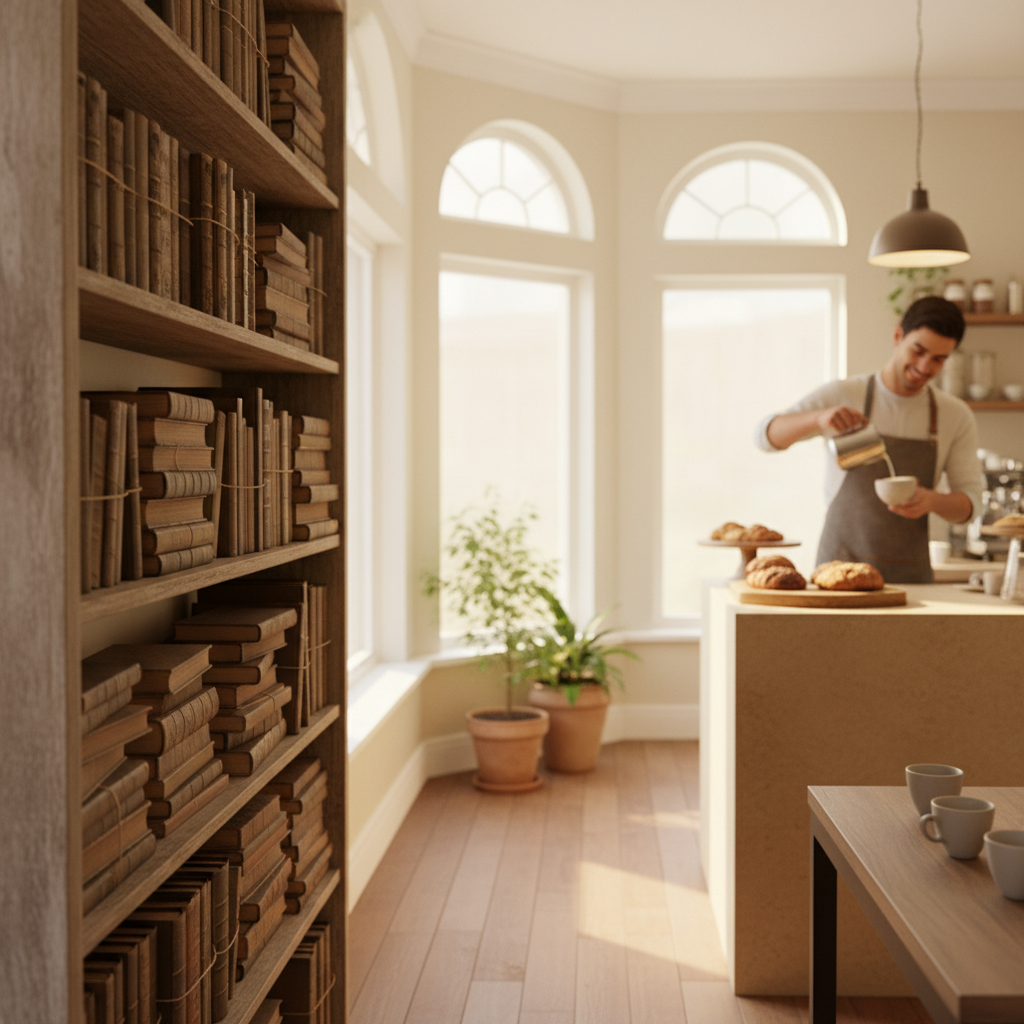 A bright corner café with stacked books and a barista pouring milk.