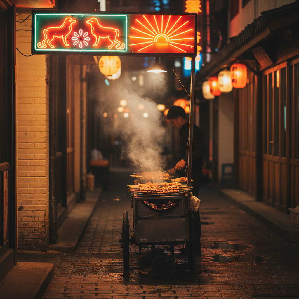 A late-night street grill with smoke rising over neon signs.