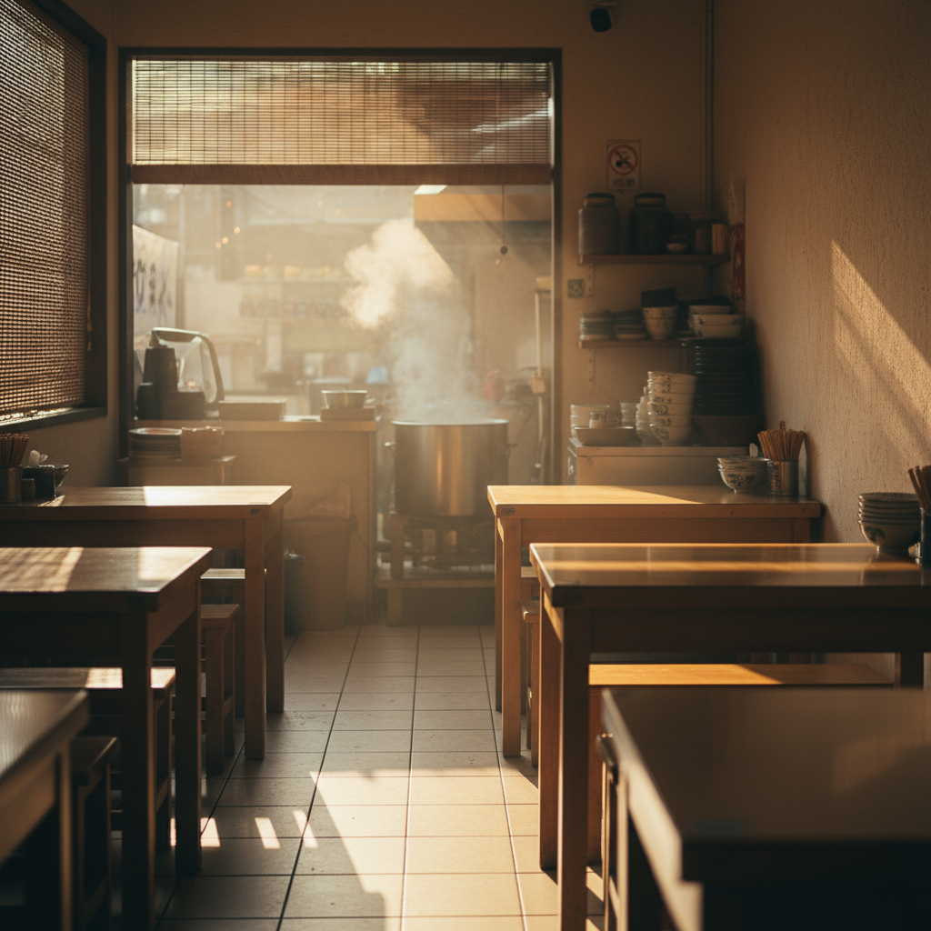 A neighborhood noodle shop with morning sunlight pouring through bamboo blinds.
