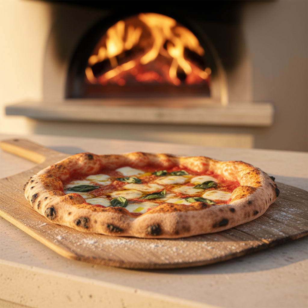Wood-fired pizza fresh from the oven.